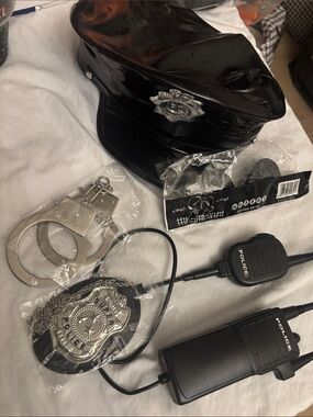 Police Roleplay Costume Set - Black Hat, Badge, Handcuffs, Radio